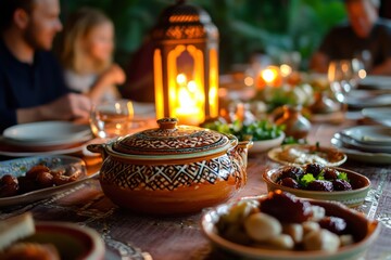 Fototapeta premium A warm Moroccan iftar table features tajine, fresh dates, and mint tea, surrounded by family enjoying the evening during Ramadan, illuminated by glowing lanterns