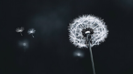 Obraz premium A monochromatic picture of a dandelion swaying in the breeze against a gloomy sky