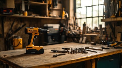 A bright workshop scene with an electric drill and clamps on the table.