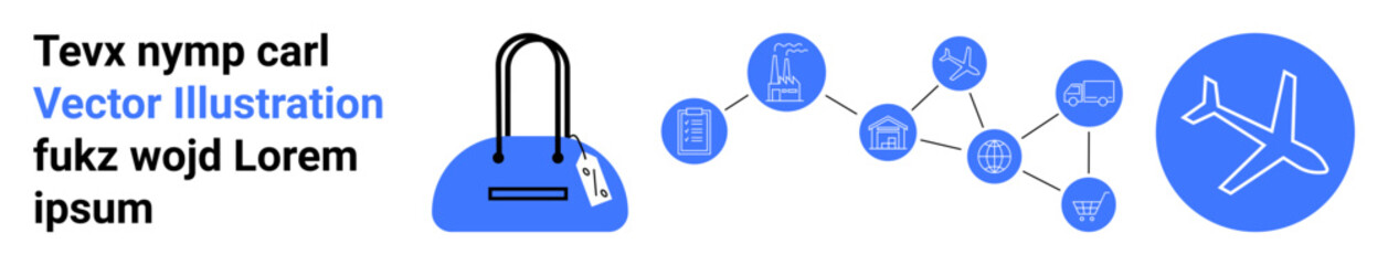 Luggage with tag, connected travel icons including airplane, map pointer, and hotel. Ideal for travel planning, tourism, logistics, vacation navigation connectivity transportation. Landing page