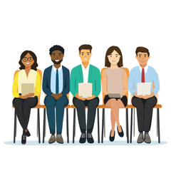 Obraz premium Diverse group of individuals seated and waiting for an interview in a modern office setting, PNG file no background Diverse people waiting for a job interview