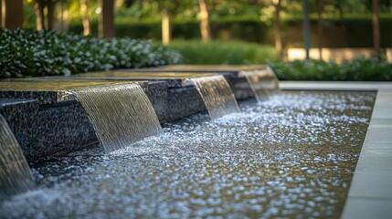 City park with fountains, close-up of water cascading from modern fountains