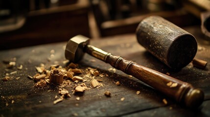 Obraz premium A chisel paired with a mallet, surrounded by fine wood shavings on a bench.