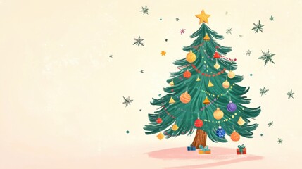 Hand-drawn Christmas tree with colorful ornaments. A whimsical scene. Emphasizing festive creativity. Perfect for holiday greeting cards and kids' art projects.