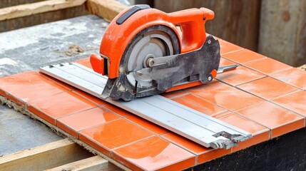 A clean tile cutter on a tiled surface ready for precision cuts.