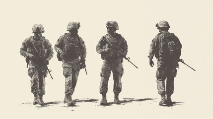 Obraz premium Four soldiers in military gear walking in formation across a sandy terrain, conveying teamwork