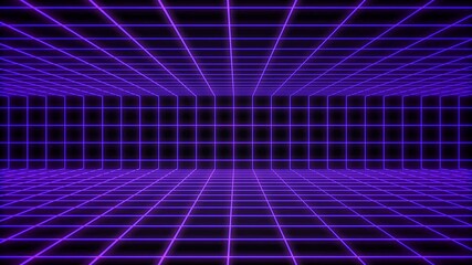3d neon grid with infinite motion, arcade games glowing grid space with retro computer loop