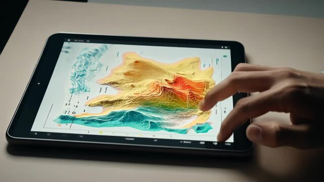 Cartographer using interactive tablet displaying colorful 3d topographic map with contour lines, exploring geographical data in a dark room