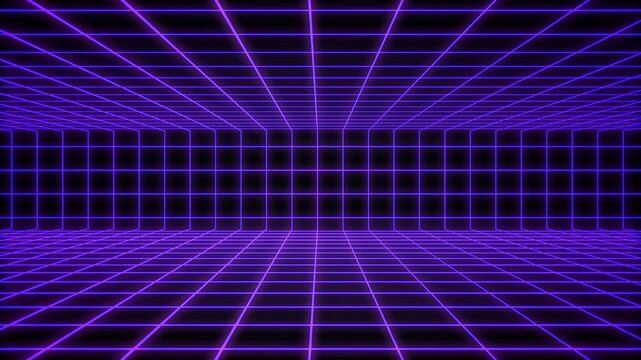 3d neon grid with infinite motion, arcade games glowing grid space with retro computer loop