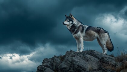 Majestic Wolf Stands on Rocky Peak Under Stormy Sky