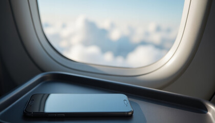 Fototapeta premium Smartphone on airplane tray with clouds outside window