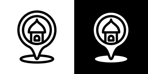 mosque location pin line and glyph icon, outline and glyph vector sign, linear and glyph style pictogram isolated on white and black. islamic Symbol, logo, icon, illustration