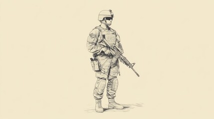 Obraz premium Military soldier in tactical gear stands ready with weapon in a neutral background setting