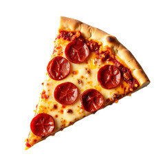 Single slice of pepperoni pizza with melted cheese on white background