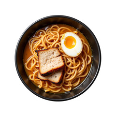Bowl of ramen noodles with pork slice on white background