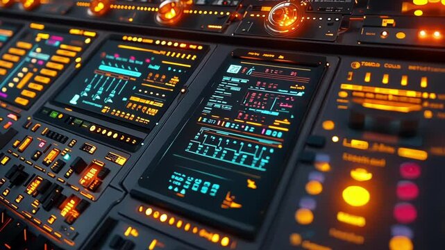 Complex futuristic control panel with illuminated buttons, dials, and multiple screens displaying data, suggesting advanced technology and control systems