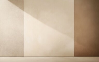 blank wall mock up divided into 3 vertical sections, shades of beige, mocha mousse or brown, illuminated by light source from upper left, diagonally shadow across sections, beige floor, copy space