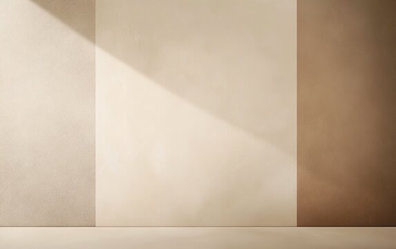 blank wall mock up divided into 3 vertical sections, shades of beige, mocha mousse or brown, illuminated by light source from upper left, diagonally shadow across sections, beige floor, copy space