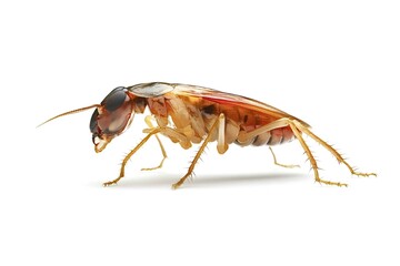 Studio shot of a german cockroach, blattella germanica, crawling on a white background, showing its characteristic reddish-brown color and long antennae