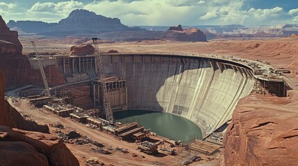 A concrete dam under construction in a rugged canyon setting.