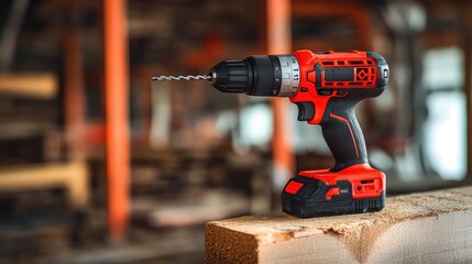 A cordless drill being used to tighten a screw into a wooden beam.