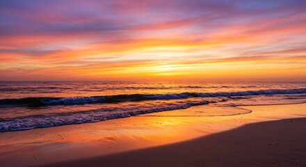 Obraz premium A tranquil beach at sunset with waves that sparkle as they crash