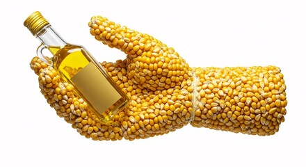 A hand made of corn cobs holding a bottle of corn oil, representing natural food, sustainable agriculture, and plant-based products.

