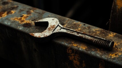 A detailed close-up of a wrench gripping a rusted bolt on a steel beam.