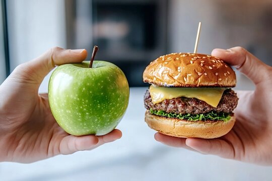 Two hands presenting a fresh green apple and a delicious cheeseburger, offering a visual representation of dietary choices and the importance of balanced nutrition - Powered by Adobe
