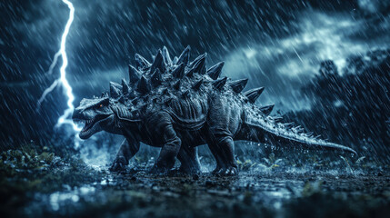 A stegosaurus roaring in the middle of a dramatic thunderstorm, lightning bolts striking the ground nearby, rain cascading off its rugged scales. A dark