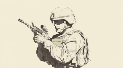 Fototapeta premium Soldier in combat gear aiming a rifle, set against a neutral background, showcasing military readiness