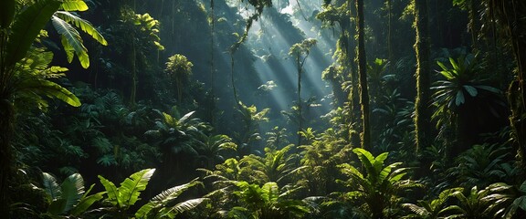 Bright sunlight over a lush tropical forest