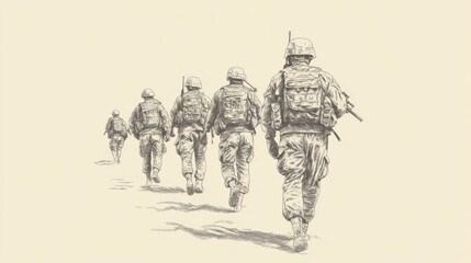 Soldiers in military gear marching in formation towards a distant horizon, evoking a sense of duty