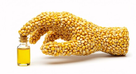 A hand made of corn cobs holding a bottle of corn oil, representing natural food, sustainable agriculture, and plant-based products.

