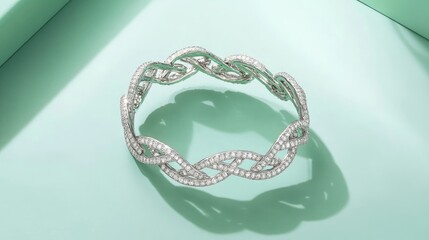 Fototapeta premium A diamond bracelet with a unique design displayed against a pastel mint green backdrop.