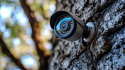 Fototapeta premium Security Camera Mounted on Tree Bark for Surveillance Use