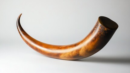 Shofar horn on a white background, fully visible and centered.