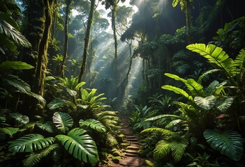 Golden light streaming into a tropical forest