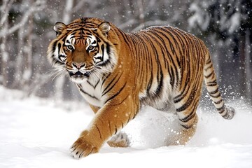 Naklejka premium Powerful siberian tiger walking gracefully through the snow, surrounded by gently falling snowflakes, creating a stunning winter landscape featuring this majestic big cat