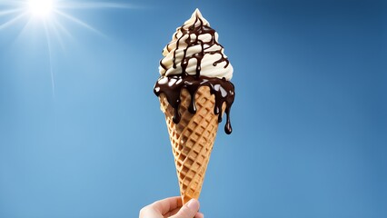 Close-up of a hand holding a waffle cone overflowing with vanilla soft-serve ice cream and drizzled with melted chocolate against a bright blue sky.