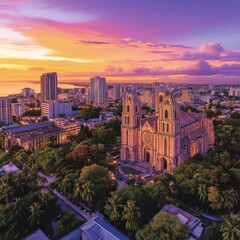 Obraz premium Stunning Aerial View of Historic Cathedral amidst Modern Cityscape at Vibrant Sunset with Orange and Purple Sky, Surrounded by Lush Greenery in Urban Landscape