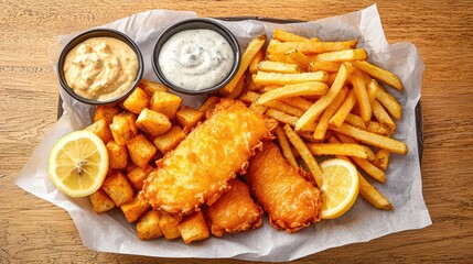 Crispy Fish and Chips with Dipping Sauces and Lemon Garnish