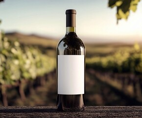 Fototapeta premium Wine bottle positioned on wooden table with vineyard in background during sunset