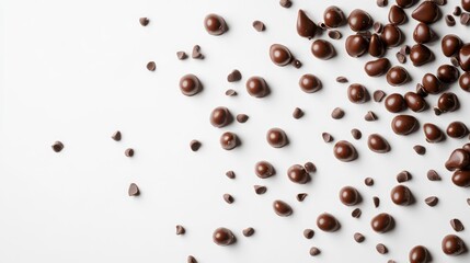 Small chocolate drops scattered on a white background.