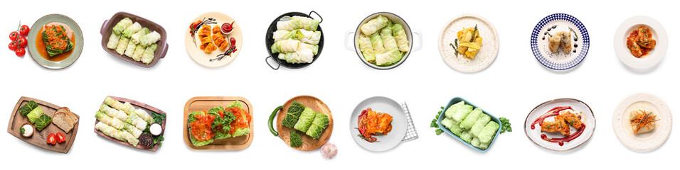 Set of tasty stuffed cabbage on white background, top view