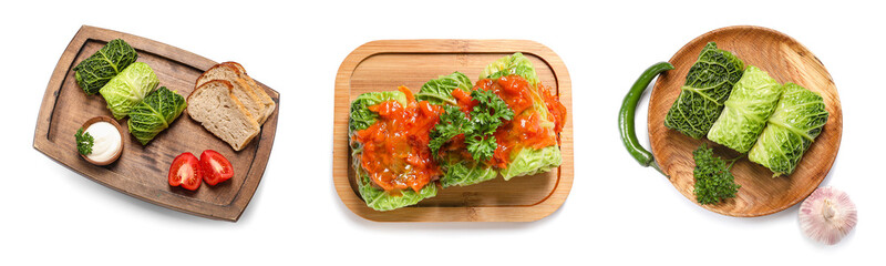 Set of tasty stuffed cabbage on white background, top view