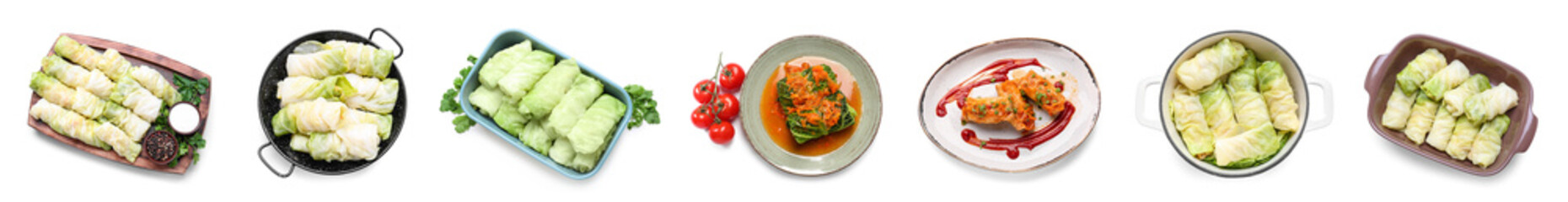 Set of tasty stuffed cabbage on white background, top view