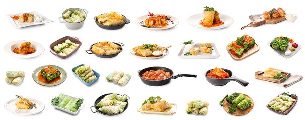 Set of tasty stuffed cabbage on white background