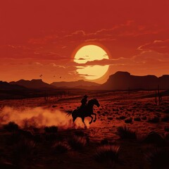 Vibrant cartoon horse galloping through a sunset field, capturing the essence of the wild west in intricate detail.