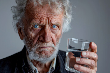An elderly man with blue eyes holds a glass of water, looking intently at the camera. Concept of hydration and age.